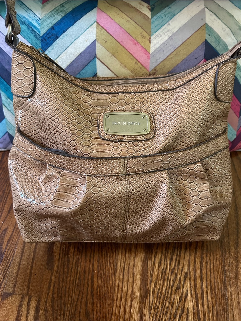 Jaclyn Smith Brown Faux Snakeskin Shoulder Bag Hobo Purse Multiple Pockets